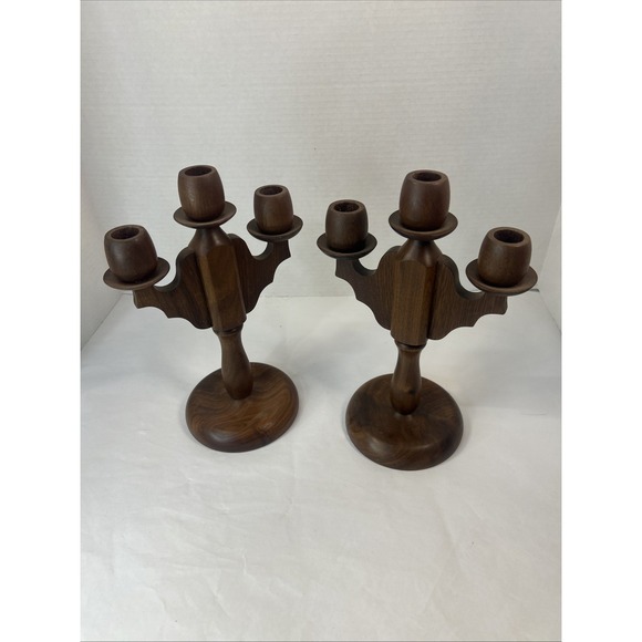 Vintage Wooden Handcrafted Three Candelabra Candle Holder Pair (2) - Picture 8 of 16